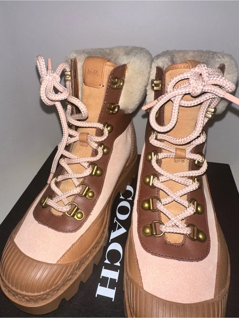 Coach Pink and Tan Lace-Up Shearling-Trim Boots